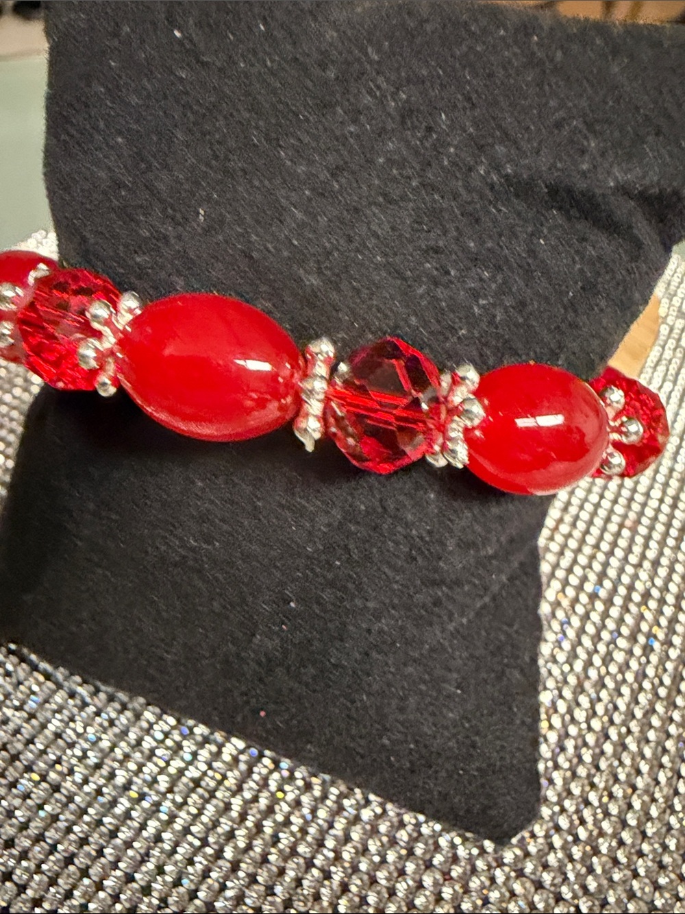 Red Crystal and Bead Stretch Bracelet -
